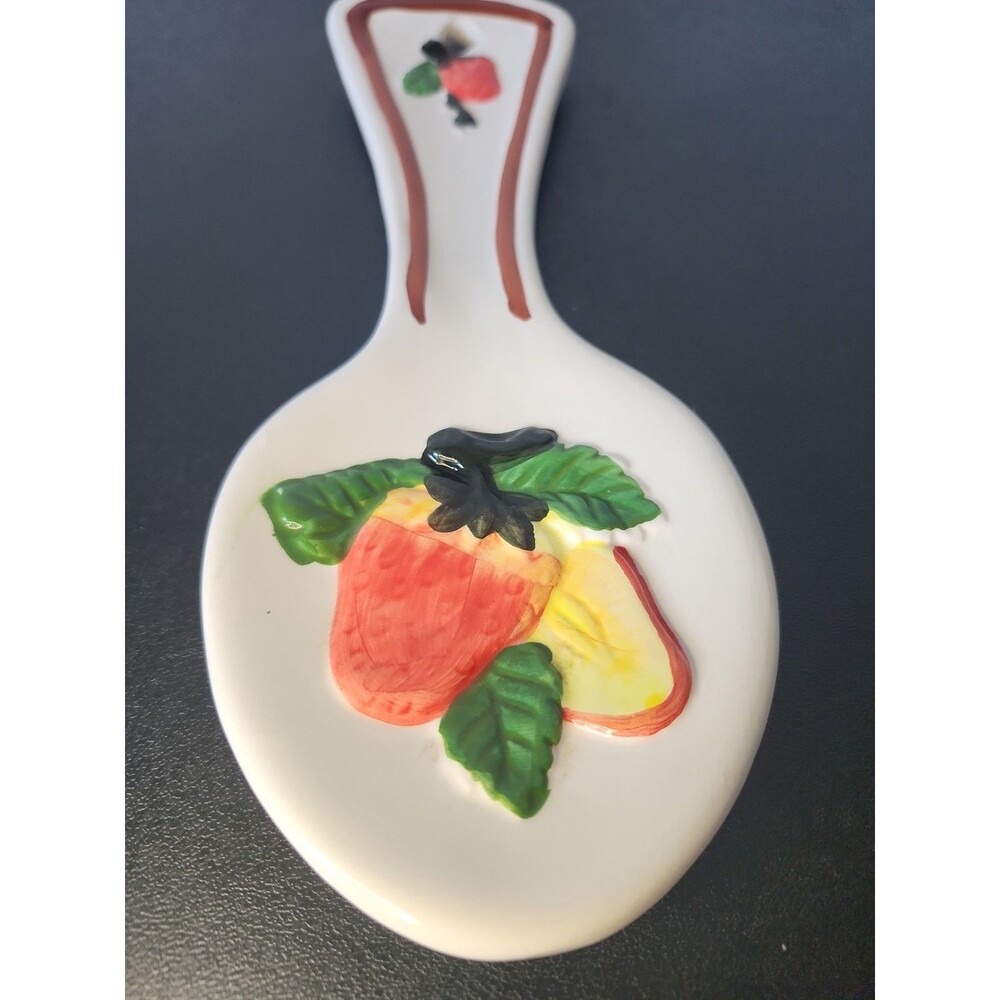 Vintage Hand Painted Ceramic Fruit Spoon Rest Embossed Strawberry Apple 90s